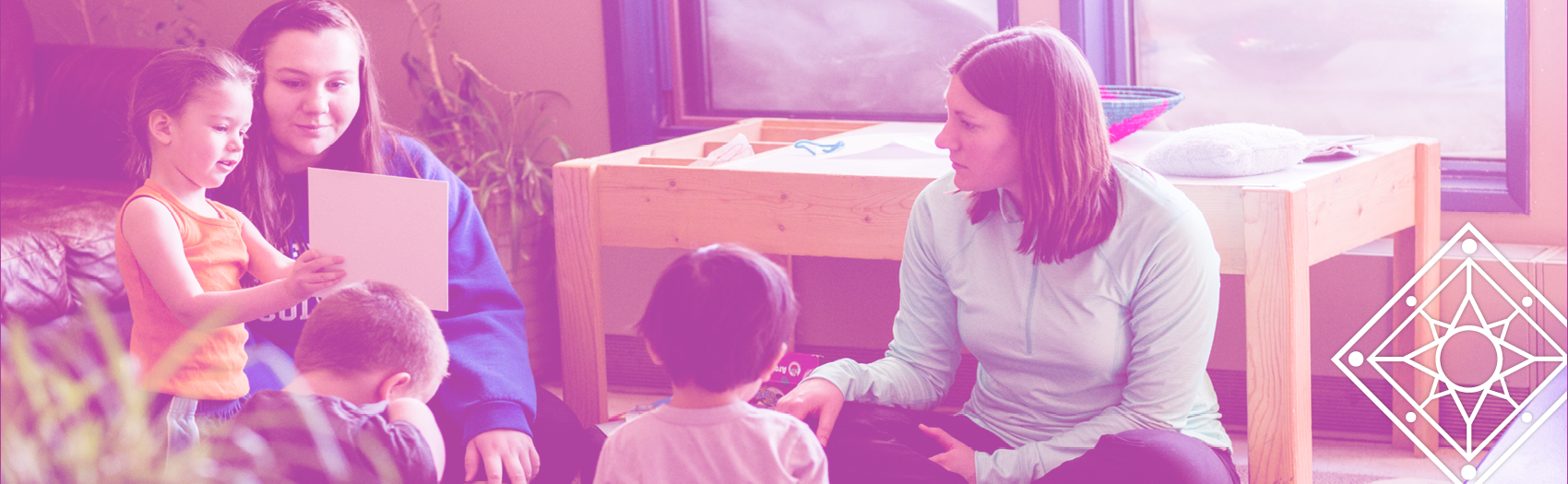 TBDSSAB Child Care and Early Years Programs header image: two child care workers sitting on the floor in circle time with several young children