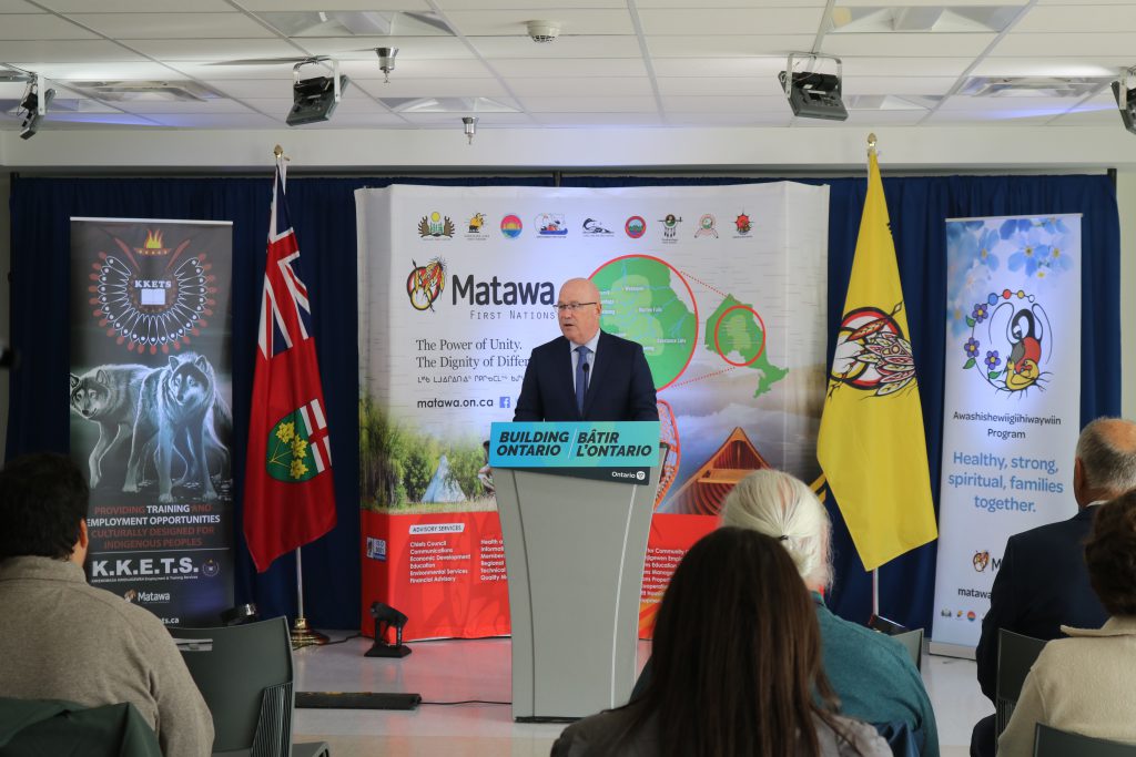 Minister Steve Clark speaking at the October 17 media announcement in Thunder Bay
