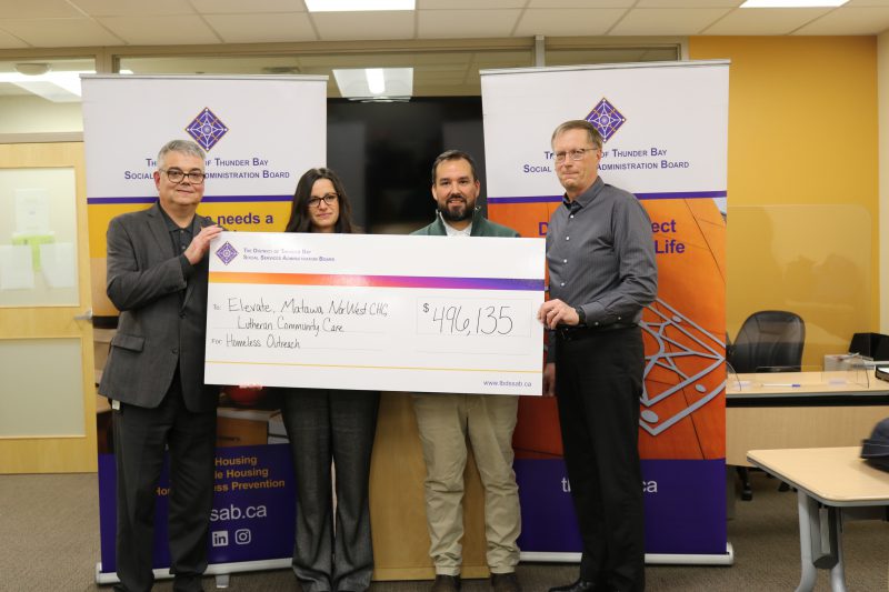 Group photo of funding recipients from today's announcement. Left to right: Bill Bradica of TBDSSAB, Jennifer Lawrance of NorWest, Paul Magiskan of Matawa, Michael Maunula of Lutheran Community Care.