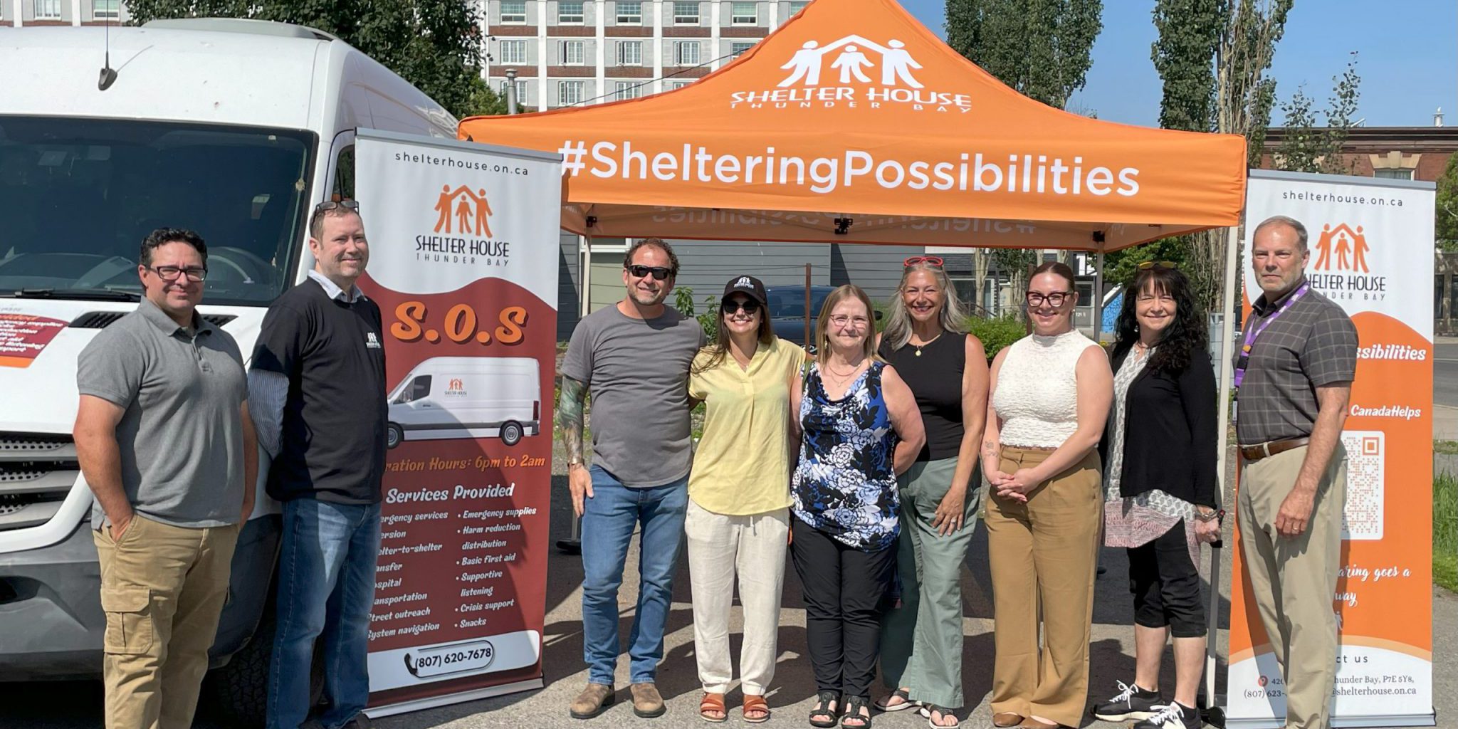 Representatives from Shelter House Thunder Bay, The District of Thunder Bay Social Services Administration Board, Lakehead Social Planning Council, and Thunder Bay Indigenous Friendship Centre at media launch for SOS Program